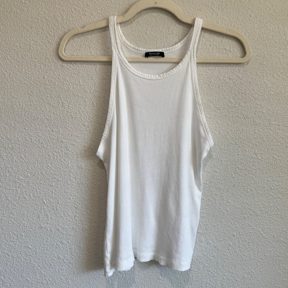Massimo Dutti White Ribbed Racerback Tank Top XL Made in Portugal Cotton Minimal